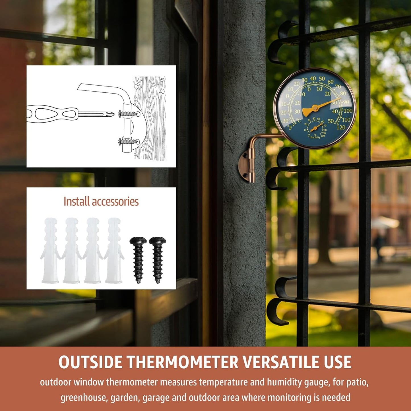 4-Inch Outdoor Thermometer and Humidity Gauge, Window Thermometer for Outside Temperature and Humidity Monitor, Brass Analog Dial, Battery-Free for Patio, Garage, Greenhouse, Garden, Wall