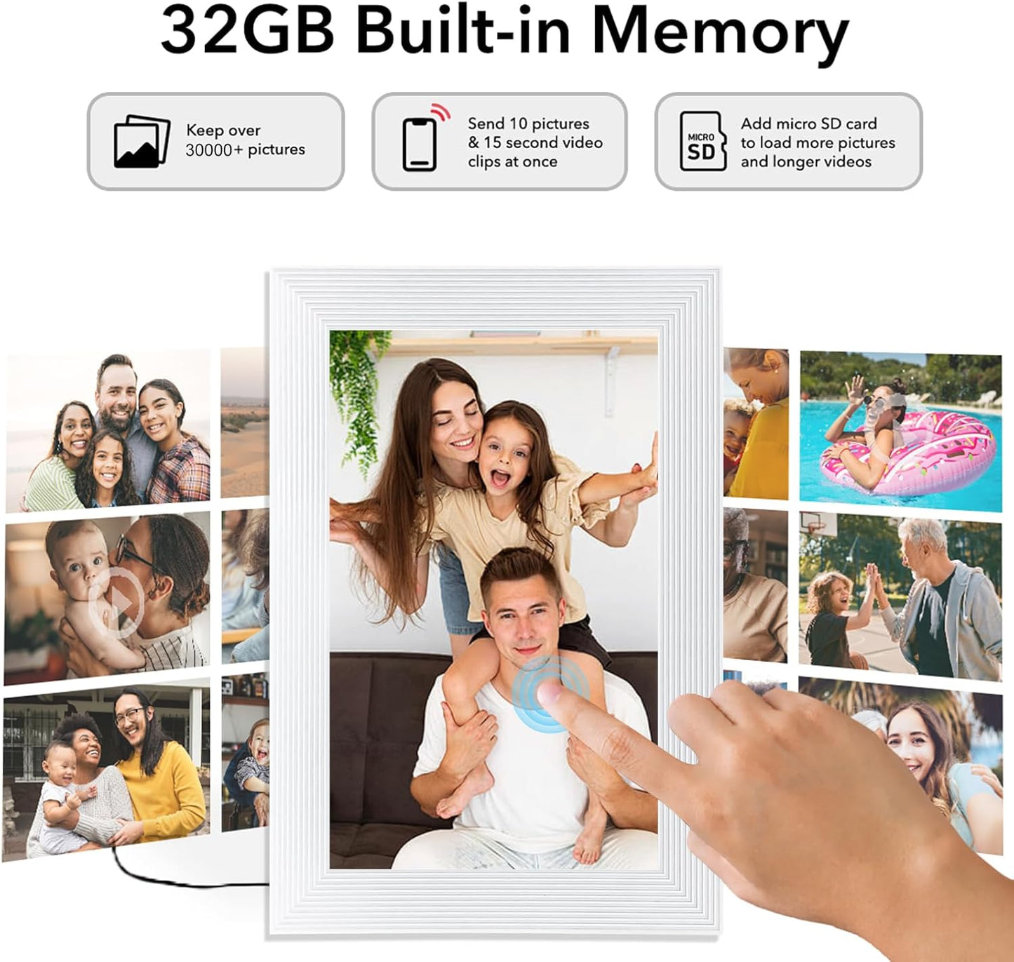 Frameo 10.1 Inch Smart WiFi Digital Photo Frame,Digital Picture Frame Wi-Fi with 32GB Storage & SD Slot, Electronic Picture Frame IPS Touch Screen with Auto-Rotate, Frameo Digital Frame WiFi -White