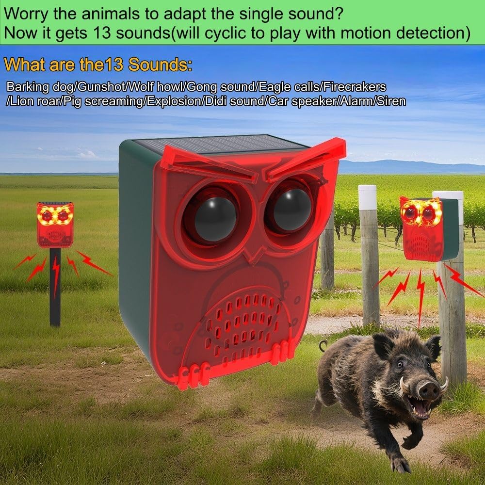 HULPPRE Solar Outdoor Motion Sensor Alarm-13 Sounds Including Dog Barking&Gunshot,130db Loud Noise Maker,4 Modes,Motion Activated Strobe Light,Say Goodbye to The Intruders