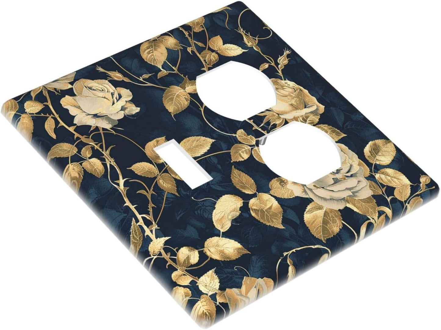 Wallplates Boho Vintage Floral Golden Flower Dark Blue Background 1 Toggle 1 Duplex Switch Plate Electrical GFCI Faceplate Decorative Light Switch Covers for Bedroom living Room Decor