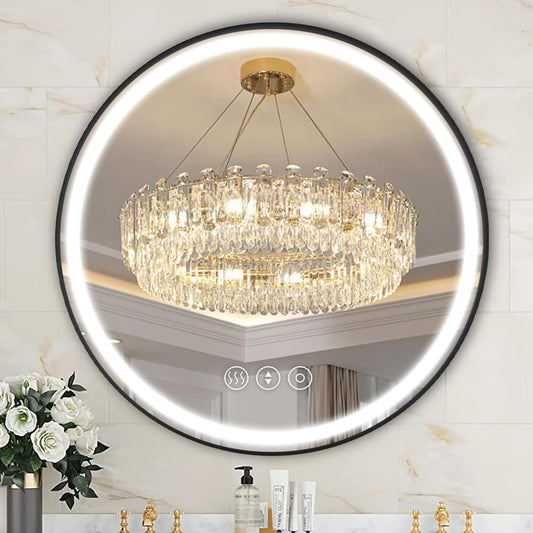 32 Inch Round Led Mirror, Bathroom Mirror with Lights, Black Metal Framed Frontlit Circle Mirrors for Wall with Anti-Fog, Memory Function, 3 Color Temperature, Dimmable Makeup Mirror