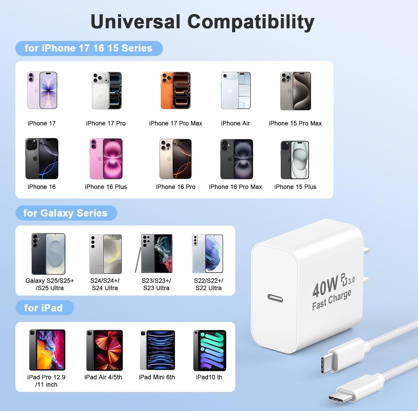 iPhone 17 Pro Max Charger Fast Charging, 40W USB C iPhone 17 16 15 Fast Charger Block with 6FT Woven Type C Charging Cable Cord for iPhone 17/17 Pro Max/17 Pro/Air/16/16 Pro Max/15/15 Pro Max