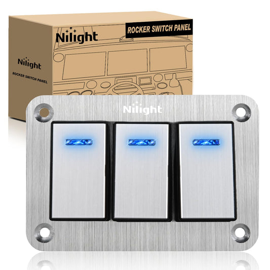Nilight 3 Gang Rocker Switch Panel 3 Pin On Off Pre-Wired Blue LED Waterproof Aluminum with DIY Stickers for 12V 24V Automotive Cars Marine Boats UTV Truck Jeeps