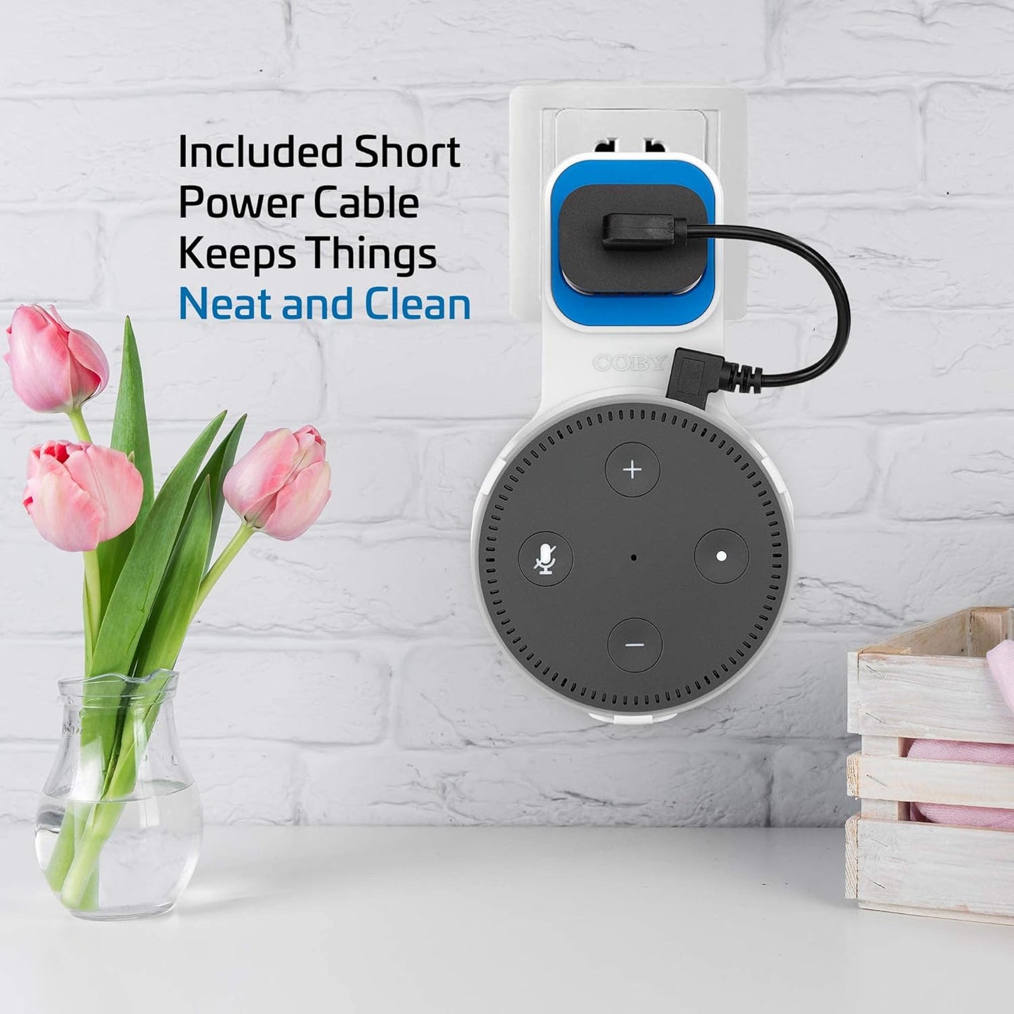 Coby Wall Mount for Echo Dot 2nd Generation, Smart Speaker Holder with Built-in Cable Management, 7.75" USB Charging Cable, Space-Saving Alexa Mount for Kitchen, Bedroom, Office, Bathroom