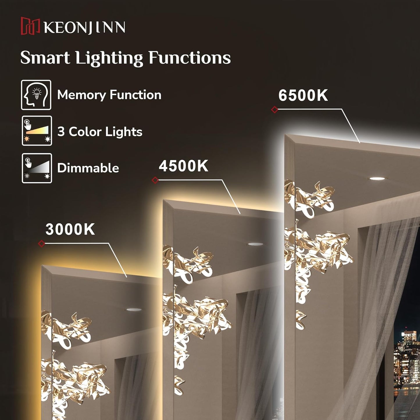 Keonjinn 24 x 36 in Backlit Mirror Bathroom, Beveled Frameless LED Mirror for Wall, Shatterproof Tempered Glass, UL-Listed, 3 Color Temperature, Defogger, Dimmable, Memory Function, Plug in/Hardwired