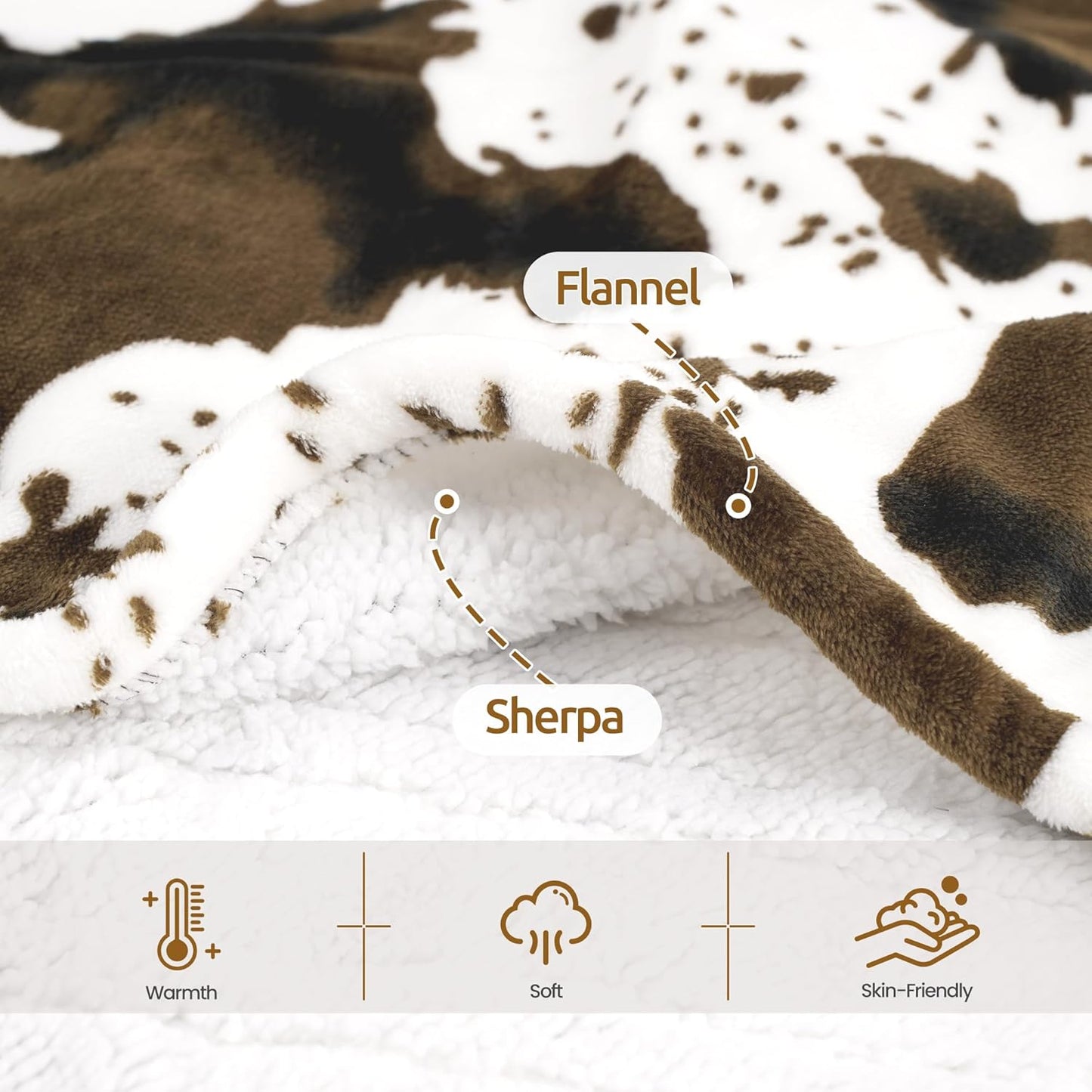 Electric Blanket Queen Size, Dual Control Heated Blanket with 6 Heat Settings, 1-12H Timer, Soft Sherpa & Flannel, Machine Washable, Brown Cow Print, 84" x 90"