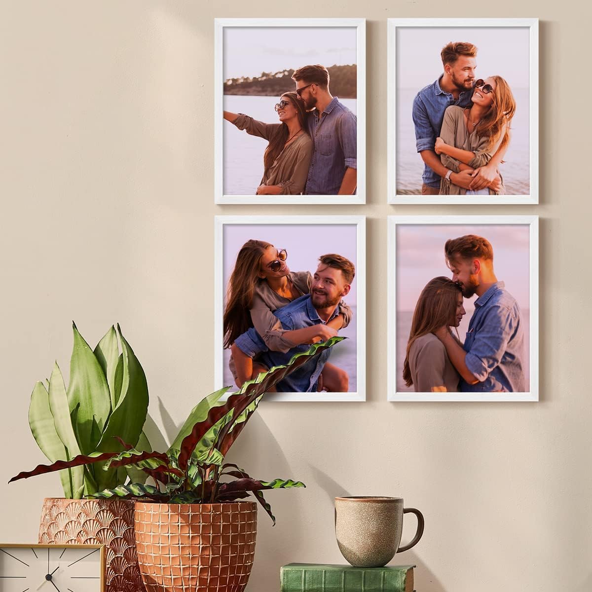 Renditions Gallery Set of 4, 8X10 Custom Photo Prints with Real Wood Picture Frames. Create Personalized Photos with Peel & Stick Photo Frames. White Frame