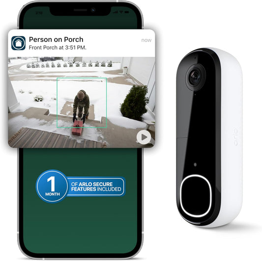 Arlo Video Doorbell 2K (2nd Gen, Latest Release), Wireless or Wired Option, 2-Way Audio, Night Vision, Head to Toe Video View, Package Detection, Person & Vehicle Recognition, 1-Month Secure Plan