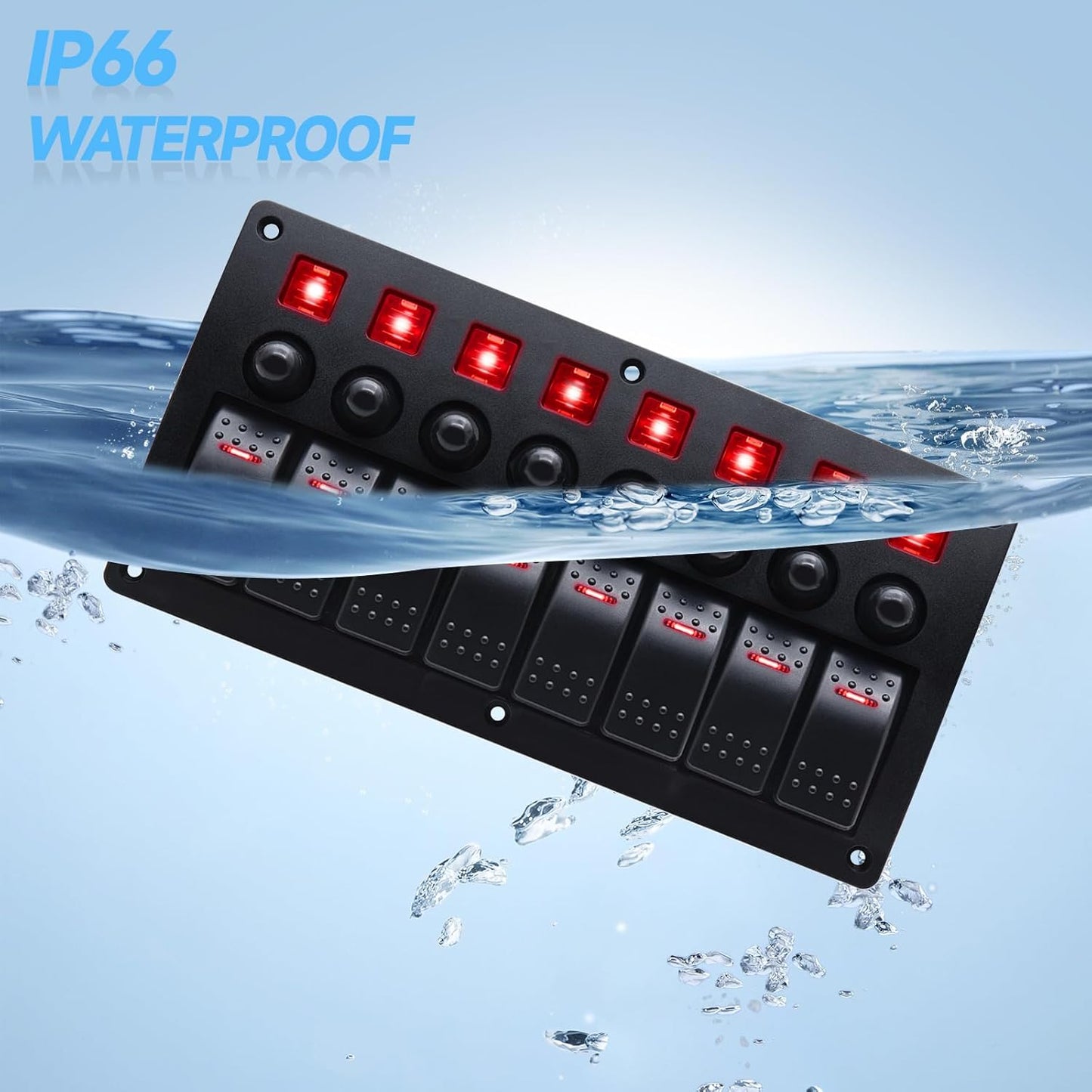 Geloo 8 Gang Marine Rocker Switch Panel, Boat Switch Panel Waterproof, 12V Switch Panel with Red LED Light, Aluminum Switch Panel for Car RV Truck with 5A 10A 15A Circuit Breaker