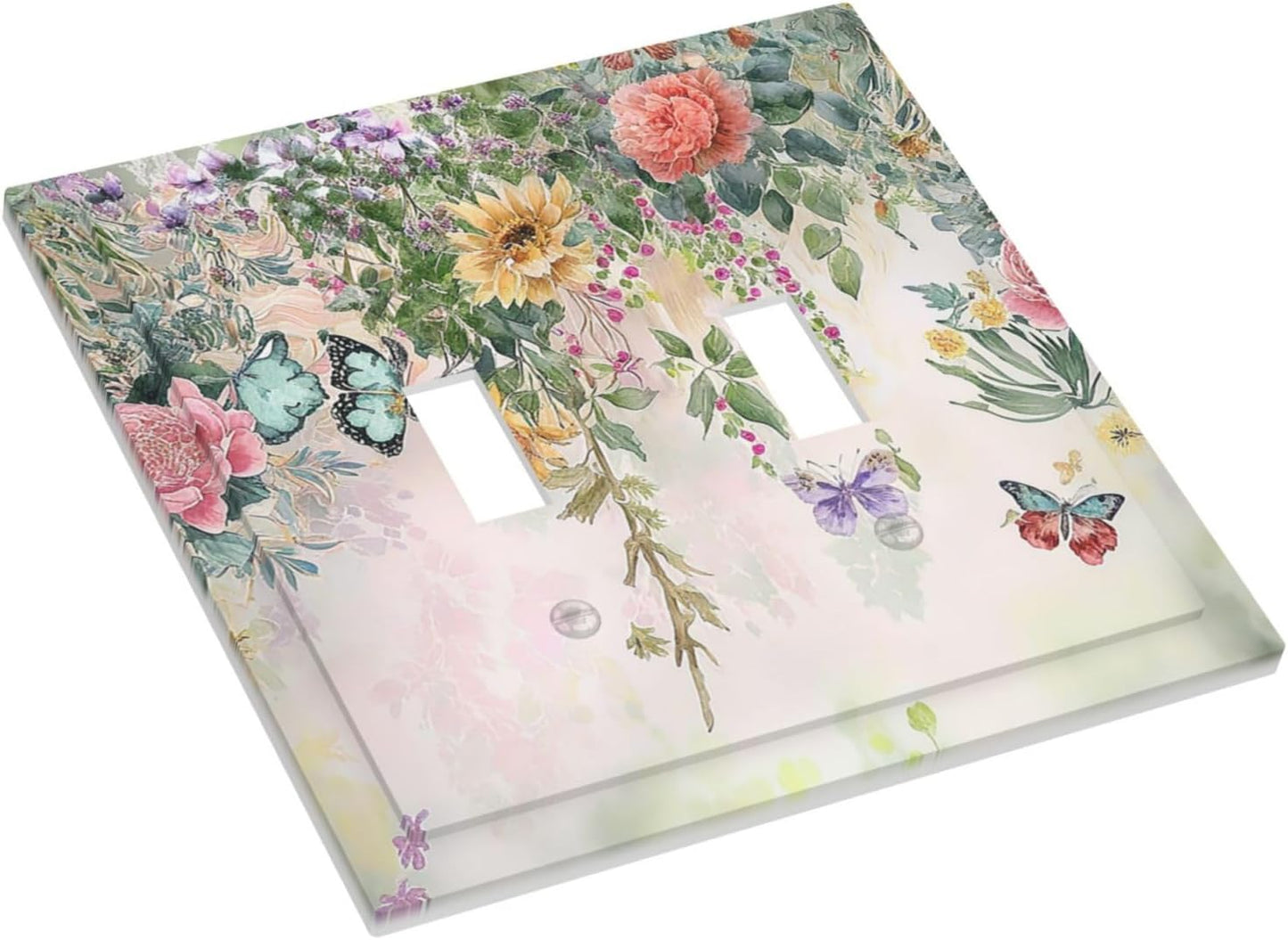 Rustic Floral Watercolor Flower Blossom Butterfly 2 Gang Double Toggle Light Switch Cover Decorative Switchplate Electrical Wall Plates Faceplate for Bathroom Bedroom Decor 4.9 X 5 IN