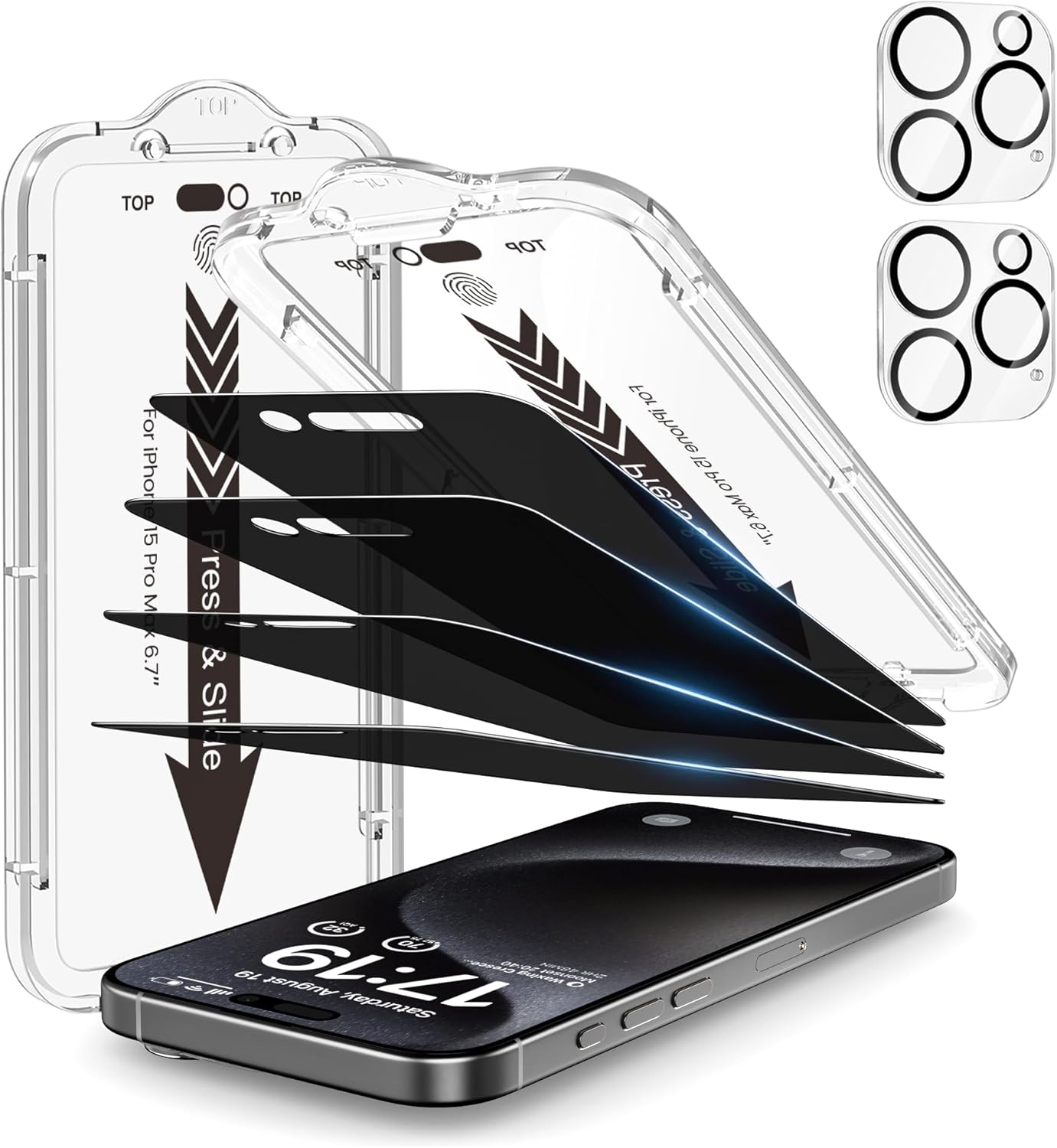 EZ-GLAZ-4 Pack for iPhone 15 Pro Max Privacy Screen Protector(6.7'') With [2 Pcs Camera Lens Protector], Anti-Spy, 9H Hardness, Drop-Resistant, Case Friendly, Anti-Scratch & EZ-To-Install Tempered Glass