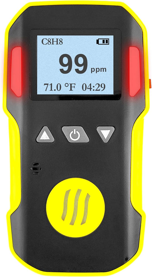 Styrene Gas Detector (C8H8) by Forensics | USA NIST Calibration & Certificate | Dust & Explosion Proof | USB Recharge | Sound, Light and Vibration Alarms | 0-100 ppm |