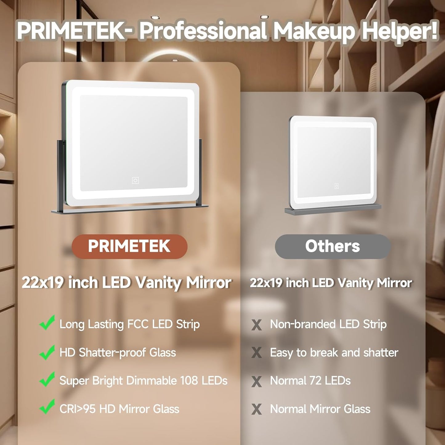 PRIMETEK Vanity Mirror with Lights, 22"x19" Large Makeup Mirror with Lights, LED Lighted Hollywood Makeup Mirror, Touch Sensor with 3-Color Lighting, Dimmable for Vanity Desk Tabletop, Bedroom, Black