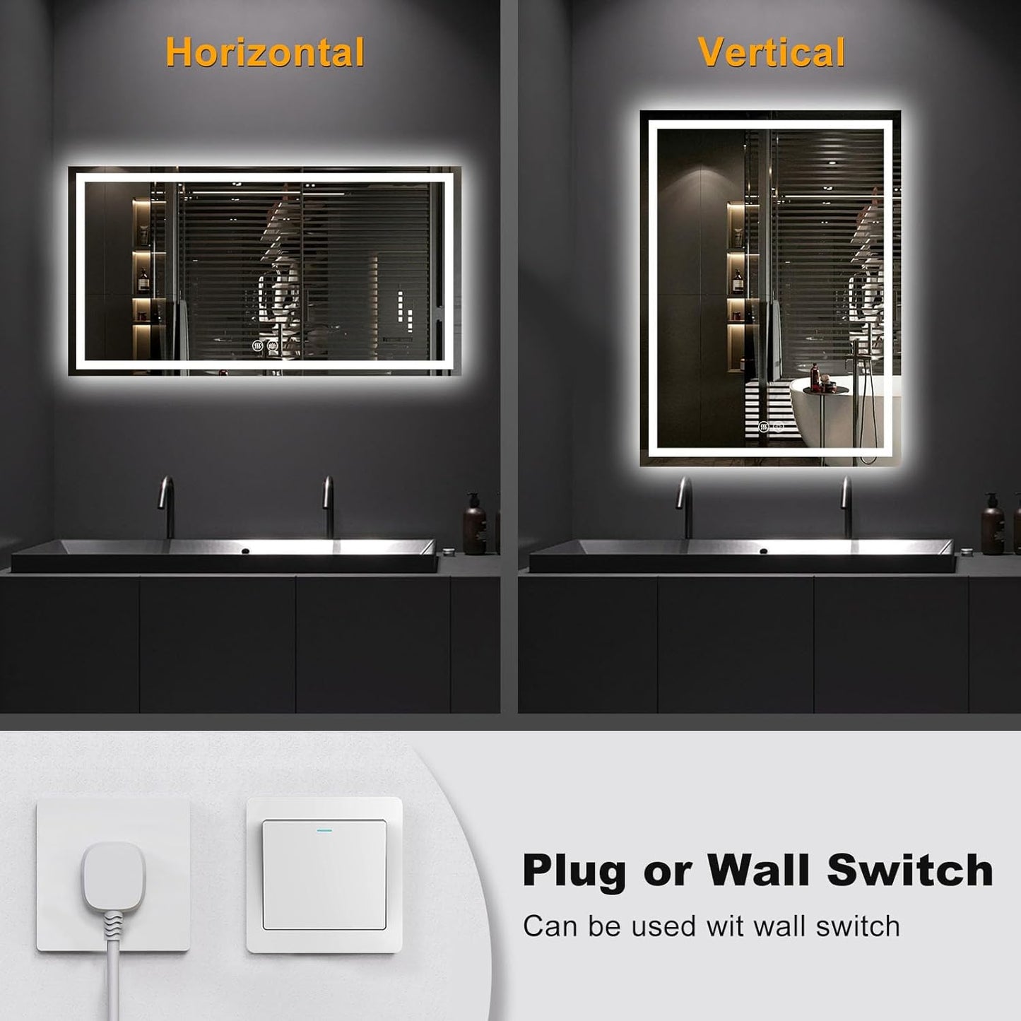 LED Smart Mirror with Lights, 48"x32" Lighted Bathroom Mirrors Wall Mounted, Anti-Fog Lighted Vanity Mirror, Stepless Dimmable, 3 Colors, Memory Function, Horizontal/Vertical LED Mirror.