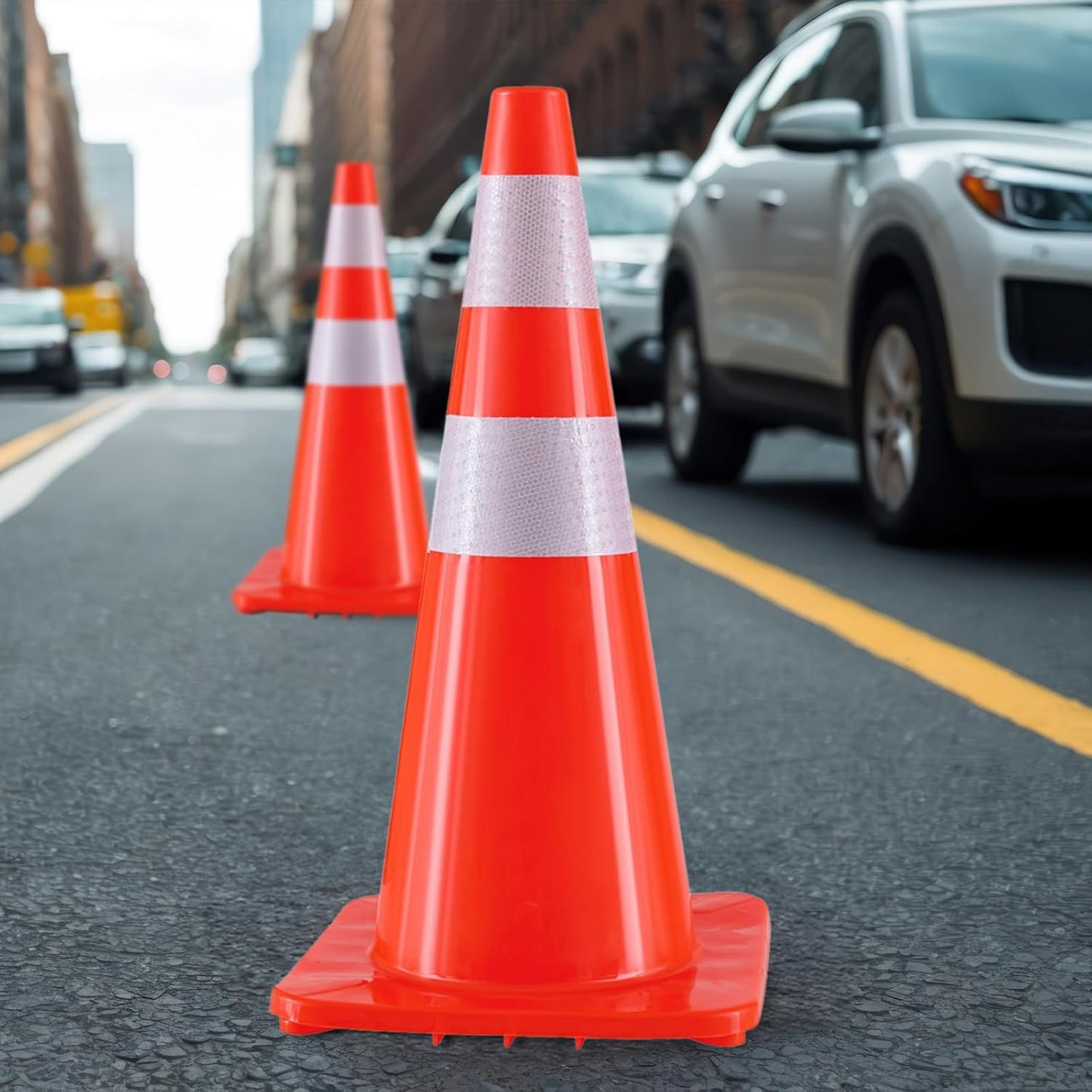 Traffic Safety Cones 28 Inch 6 Pack - Orange Road Parking Cones with Reflective Collars, Heavy Duty PVC Construction Cone Structurally Stable for Road Parking, Traffic Control, Driveway