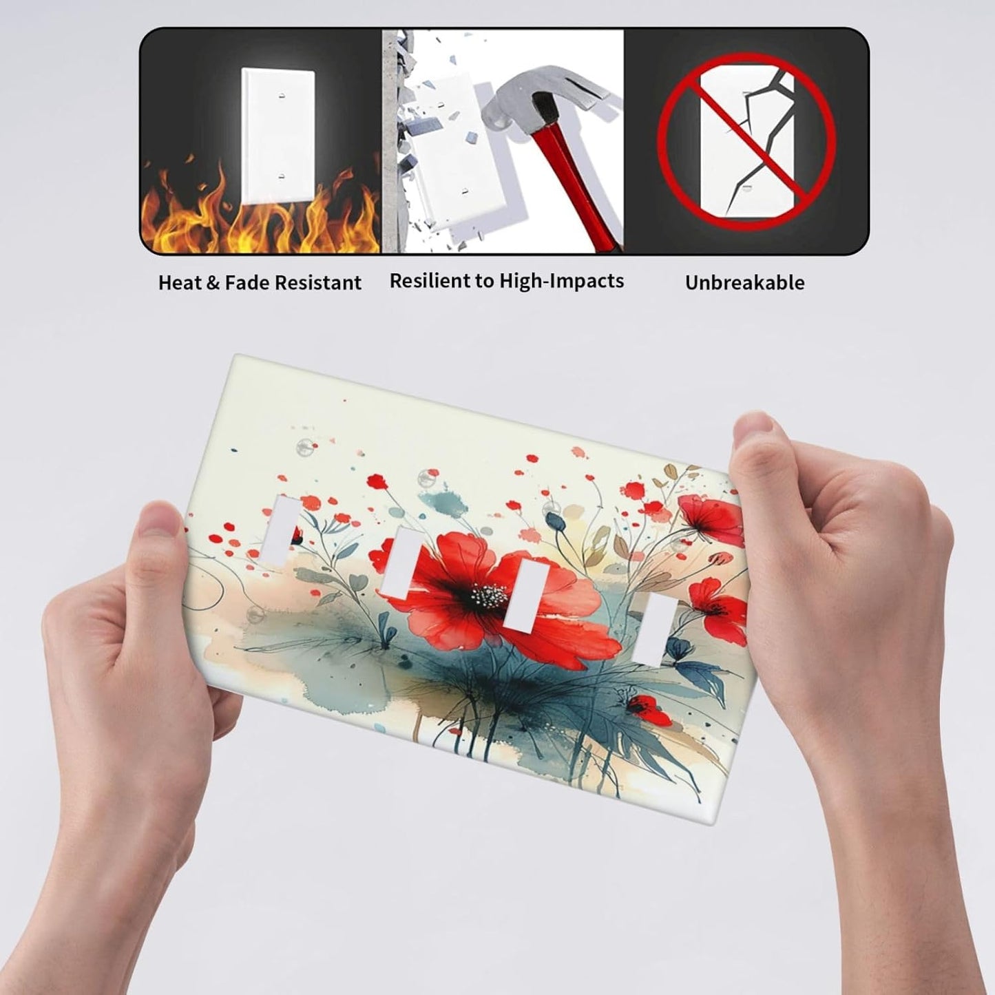 Vintage Floral Red Watercolor Modern Light Switch Covers Quad Toggle 4 Gang Wall Plate Decorative Switch Plates Electrical Faceplate for Bedroom Bathroom Decor