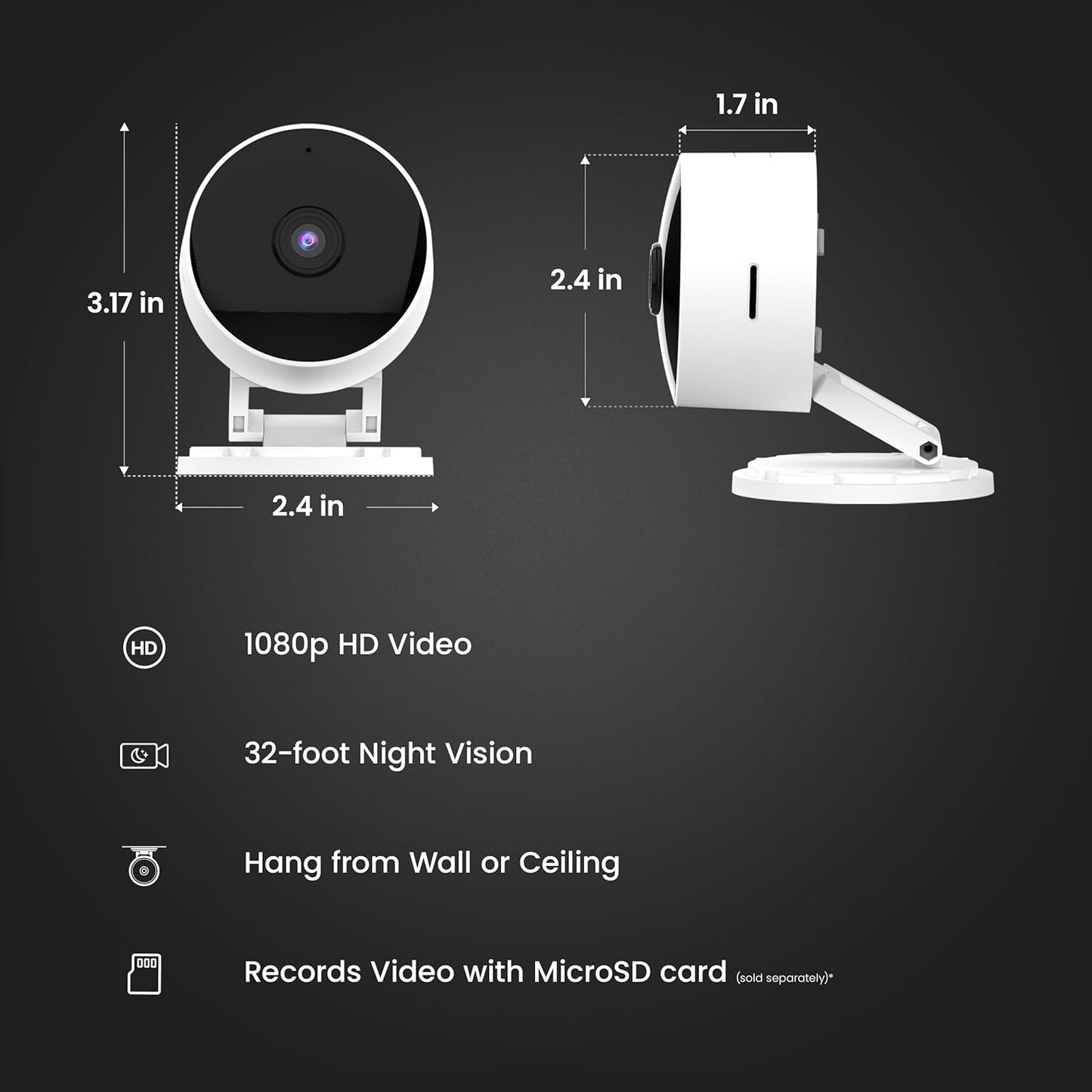 Feit Electric Indoor Security Camera with Motion Detection, 30ft. Night Vision, 360° Adjustable Head, 2.4GHz WiFi, 2-Way Audio, 1080p HD, Works with Alexa & Google Asst, Plug-in, White - CAM1/WIFI
