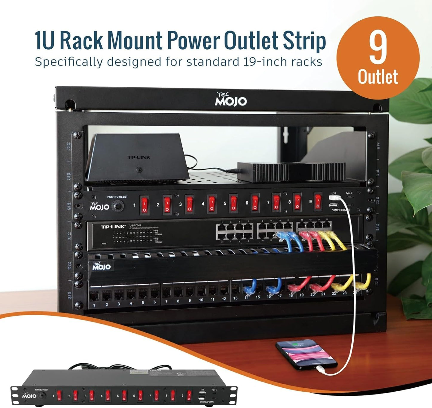 Tecmojo 9-Outlet Rack Mount Power Strip,1U Horizontal PDU Individual Switch 6ft Cord, with 2USB and 2 Type-C,for IT and Network Racks and Cabinets