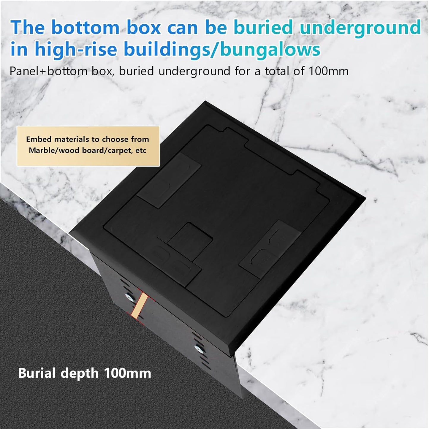 KYHSHJ Recessed Flat Hidden Socket Kit with 2 * 20A Receptacle，8A 1 USB-A Ports &2 USB-C Port+3-Port RJ45 Datacom Receptacle. Internal Height Adjustable，Corrosive Resistant Hardware (Black)