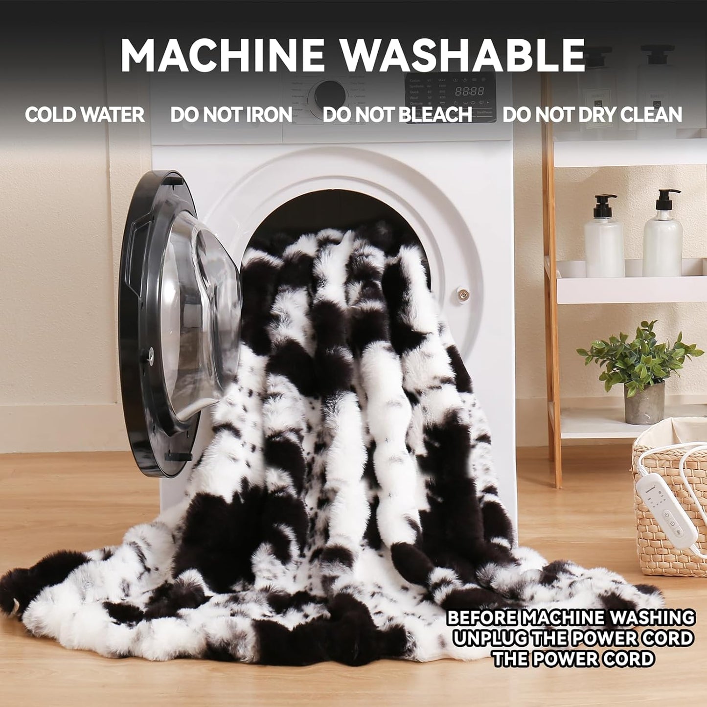 Cow Print Heating Throw Blankets Luxurious Western Soft Bubble Faux Rabbit Fur 8 Heat Settings Overheat Protection Quick Heating Electric Heated Blanket 50"x60"(Black)