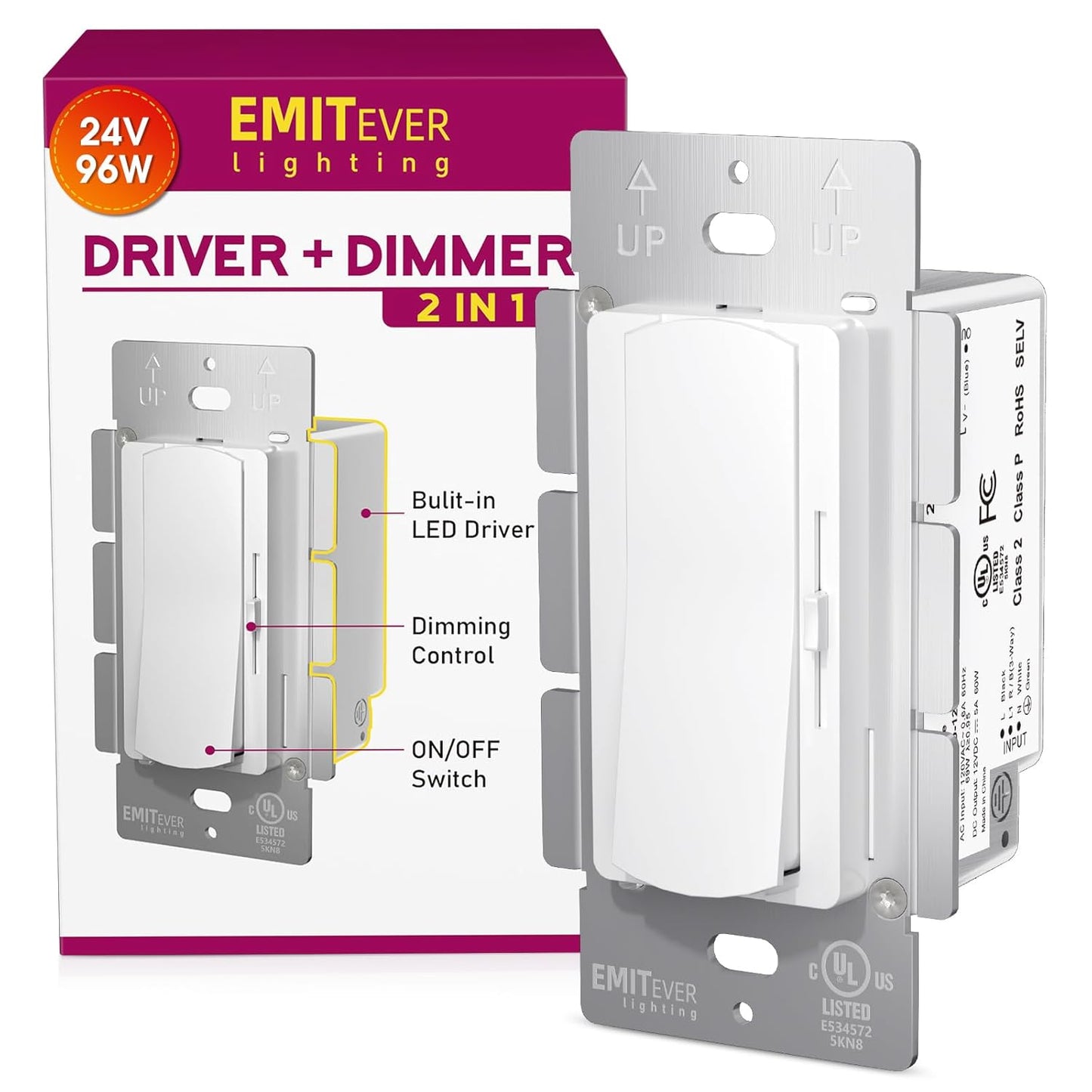 Dimmer Light Switch & 24V 96W Dimmable LED Driver 2 in 1, UL Listed Single-Pole or 3-Way Slide Dimmer Switches for Led Strip Lights,120VAC to 24VDC Power Supply for Low Voltage Project, Glossy White