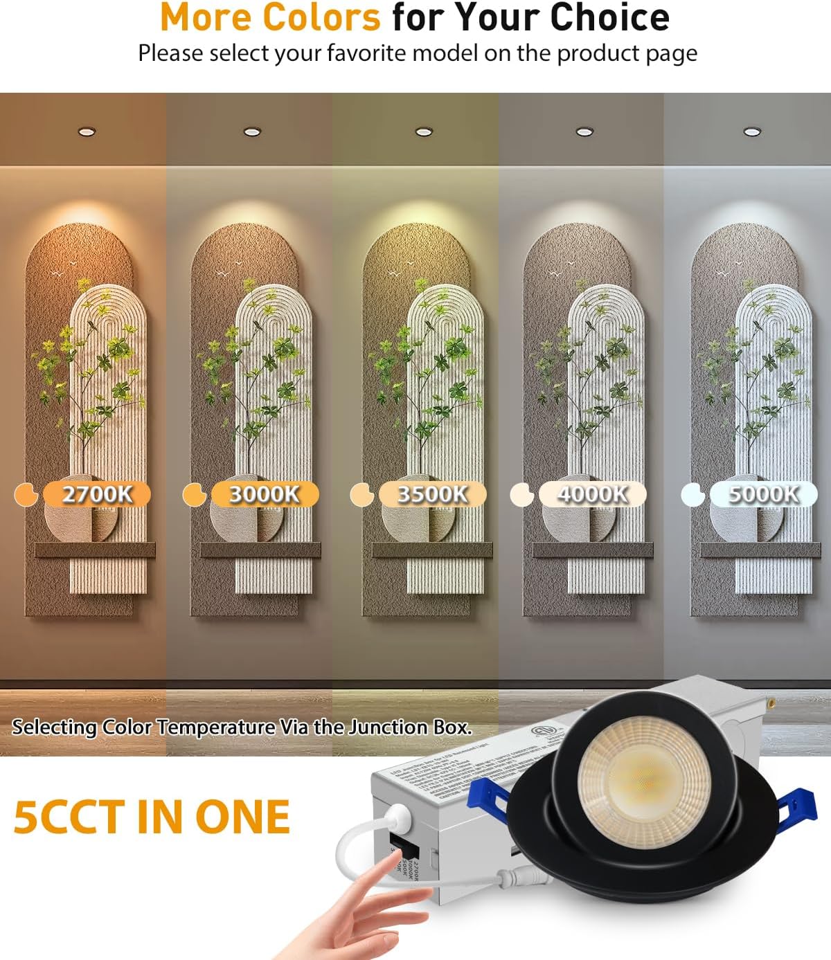 Adetu 2 Inch 5CCT Gimbal Black Led Recessed Lighting with Junction Box, 360°+90° Adjustable Led Recessed Lights, 2700K/3000K/3500K/4000K/5000K, 5W Eqv 50W, 550LM Brightness - ETL (Black, 6 Pack)