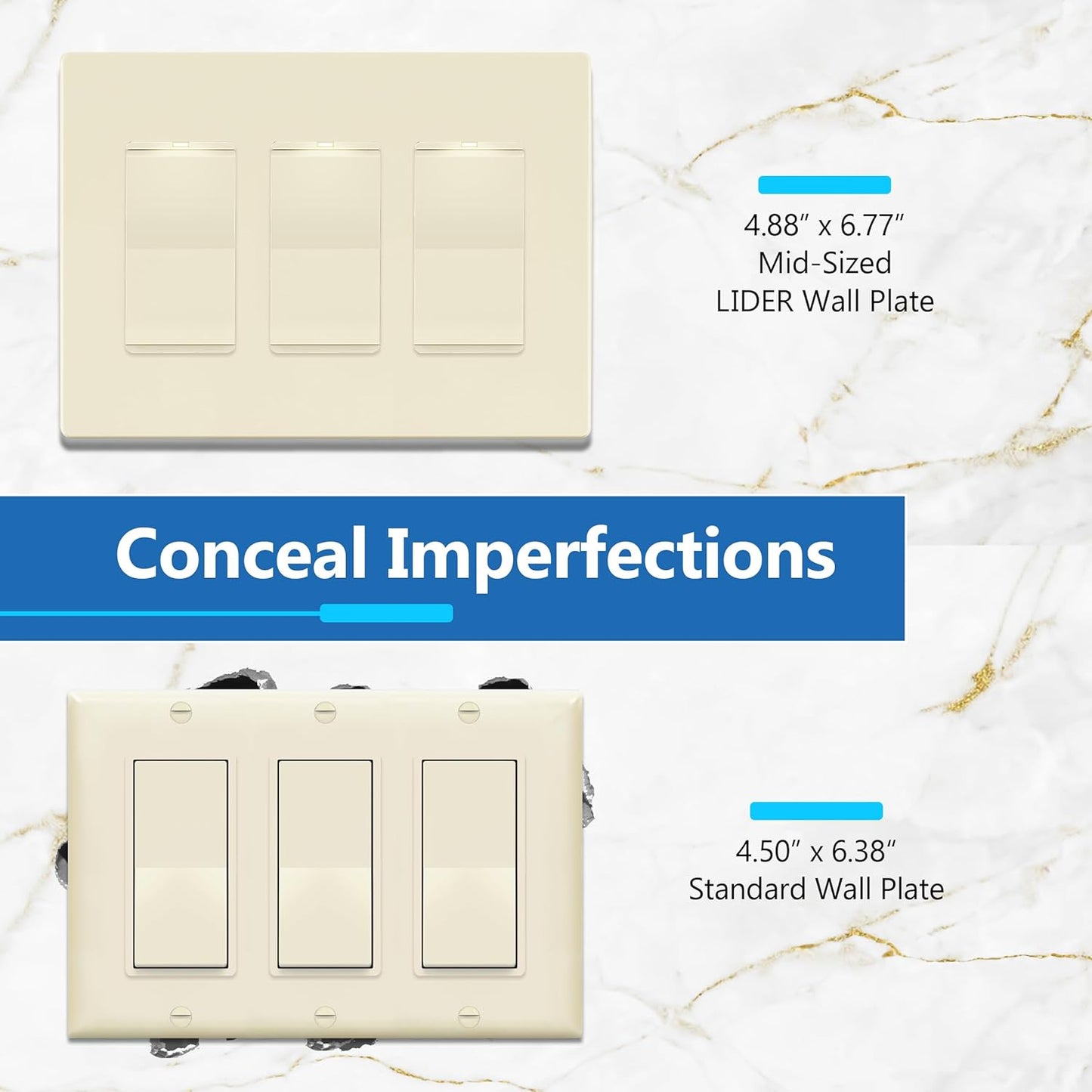 LIDER Matte Finish Decorator Switch Cover, Screwless Wall Plate, Mid-Size 3-Gang 4.88" x 6.77", Unbreakable Polycarbonate Thermoplastic, UL Listed, LSWP-33M-LA, Light Almond
