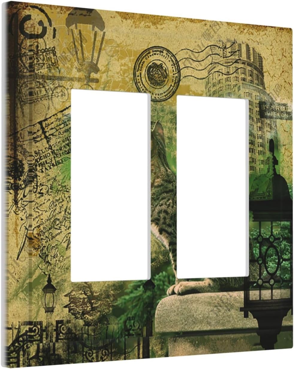 Decorative Outlet Covers Vintage Style Cat City Stamp 2 Gang Double Rocker Light Switch Cover Plate Electrical Switch Plate Cover Decorate GFCI Wall Plate for Bedroom Home Decor