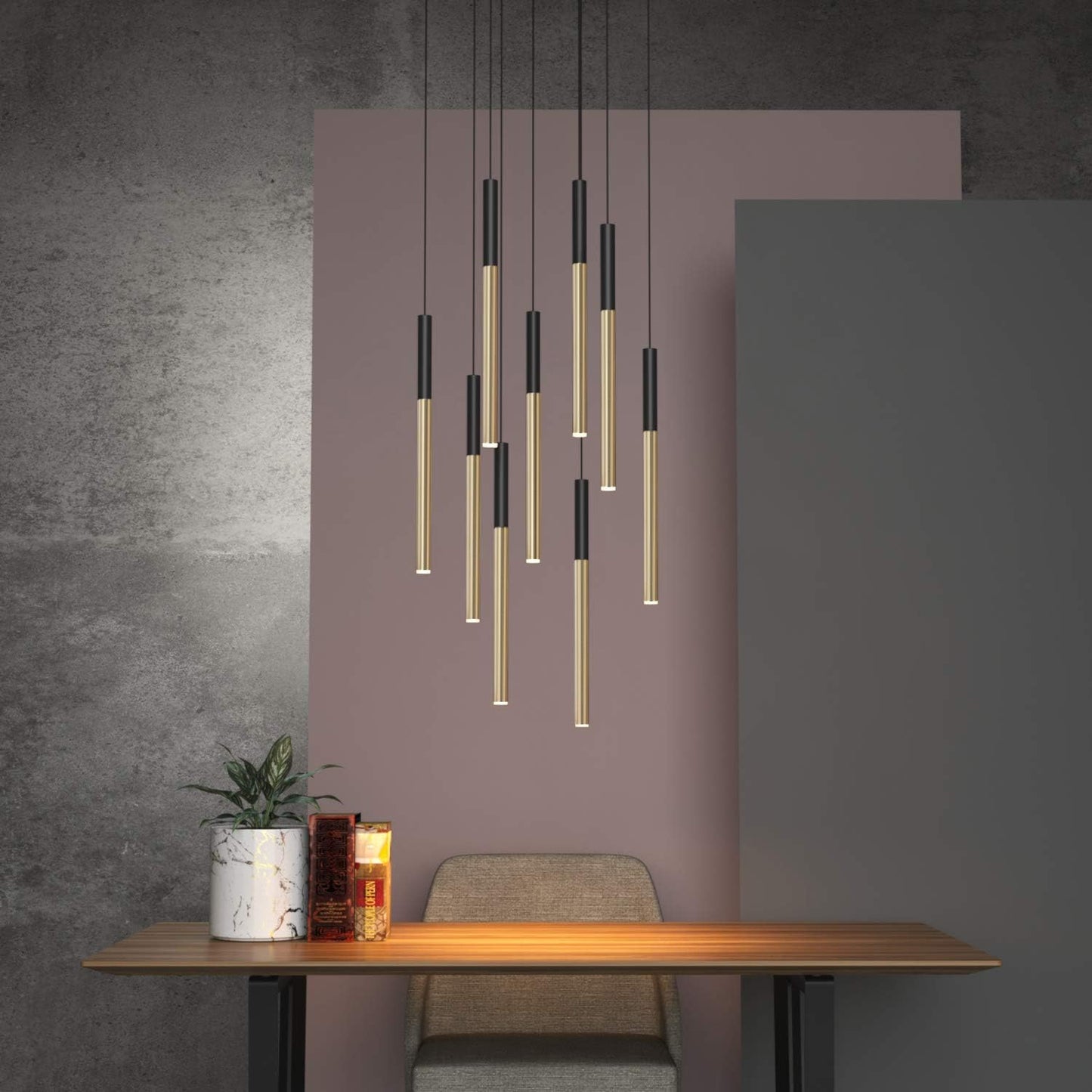 ALTAIR 9 Mini Pendant Lighting Black-Brass - LED Hanging Light Fixture for Kitchen Island, Bar, Foyer - Cluster Pendants - Dimmable, Adjustable Wire, Lamp Bulb Included