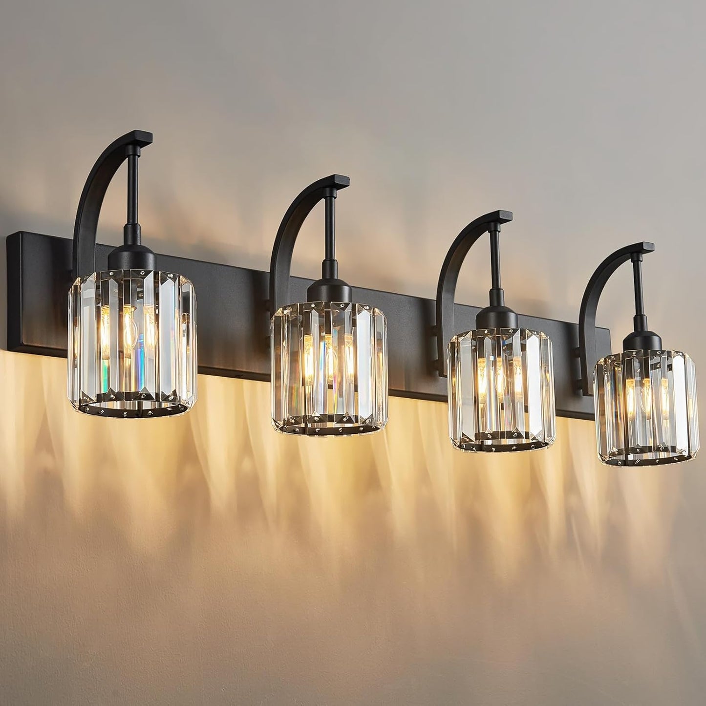 4-Light Crystal Vanity Light, Modern Black Bathroom Wall Sconce with K9 Crystal Shades, 32.67" Long Over Mirror Lighting for Vanity, Makeup, Hallway, Elegant & Easy Install
