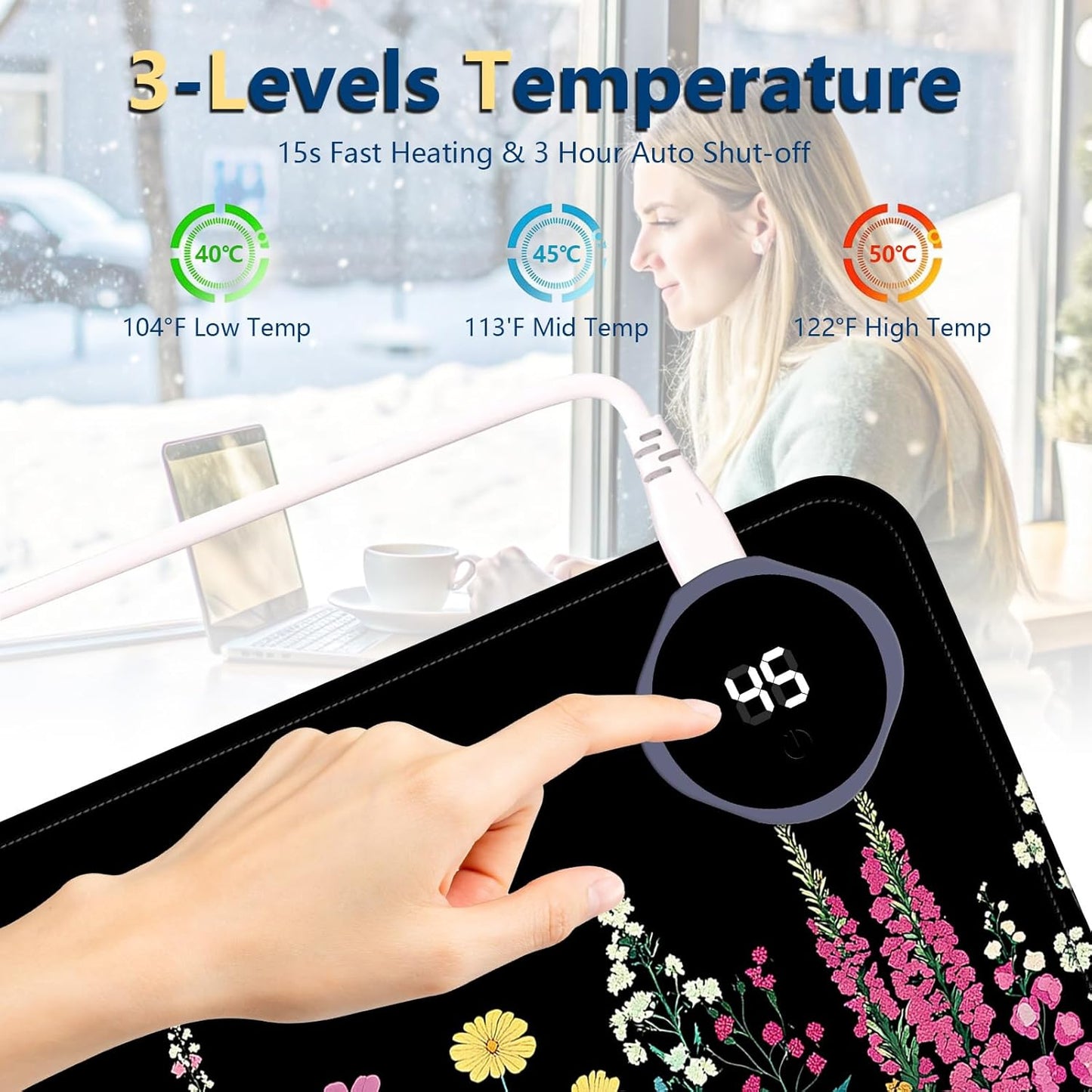 Heated Mouse Pad with 3 Temperature Settings(104°F–122°F),Large 31.5x13 Inch PU Leather Heated Desk Mat,Waterproof Warming Pad for Office,Gaming & Cold Hands Relief,Garden Flowers