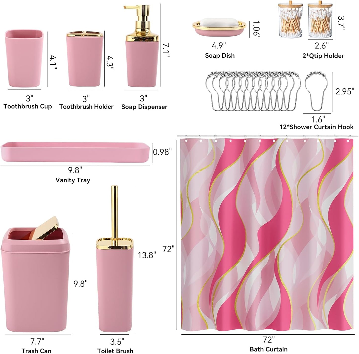 Pink Bathroom Set, Bathroom Sets with Stripe Shower Curtain, Pink and Gold Bathroom Accessories with Trash Can, Soap Dispenser, Soap Dish, Toilet Brush Holder, Qtip Holders for Bathroom