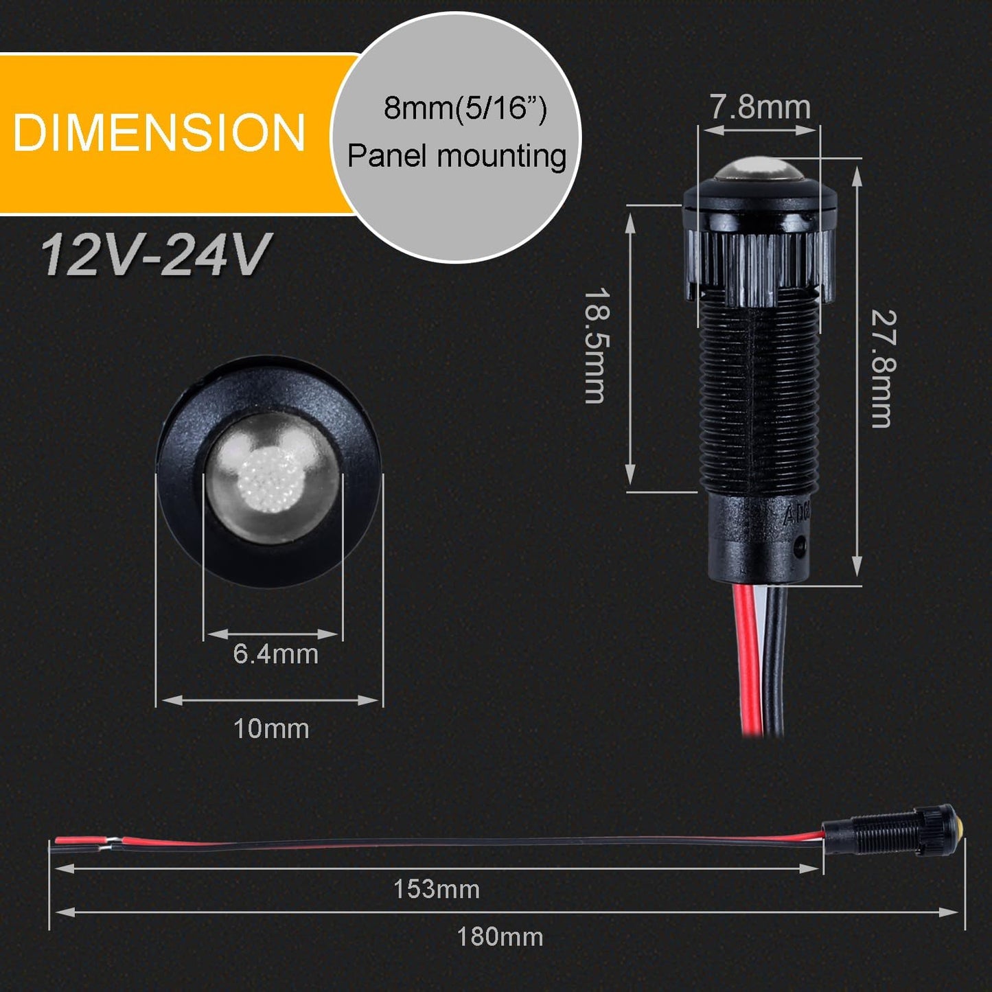 5pcs 8mm LED Indicator Light Plastic Black Signal Dot Lamp 12V-24V 5/16" Mounting Hole Size with 15cm/5.9in. Wire (White LED)