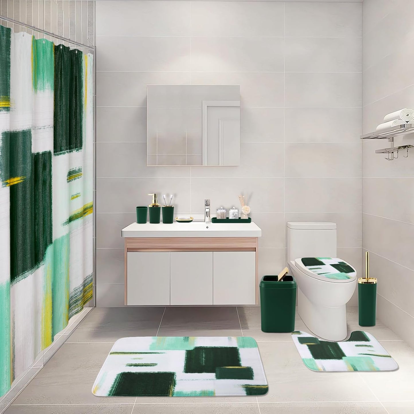 Bathroom Set - Dark Green and Gold Bathroom Accessories Set, Bathroom Sets with Shower Curtain and Rugs, Green Shower Curtain Set with Bathroom Trash Can, Soap Dispenser, Soap Dish for Home