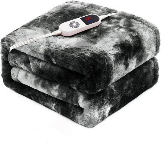 Electric Heated Blanket 62"x84",Luxury Black Twin Faux Rabbit Fur Electric Blanket,Fast Heating Soft Fluffy Thick Electric Blanket with 6 Heating Levels & 12H Auto Off