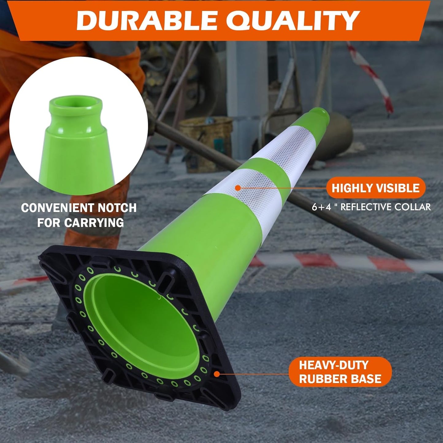 6 Pack 28 Inch Green Traffic Cones with Reflective Strips, Heavy Duty Black Base Cones for Outdoor Events, Driveways and Construction Zones (6, Green, 28 Inch)
