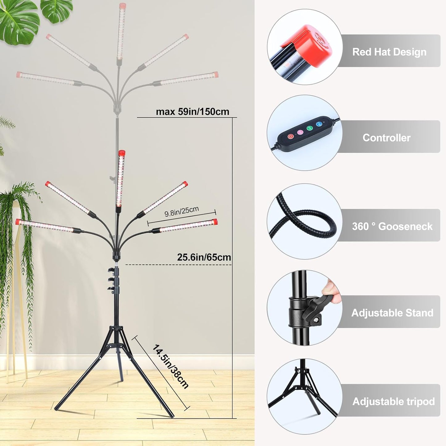 FECiDA Gamechanger! 45W 5Head Tripod Stand Tall Plant Light, 2025 Grow Lights for Indoor Plants with Stand for Bonsai Tree, Big Plants, Full Spectrum Growing Lamp 4,8,12 Hr Timer