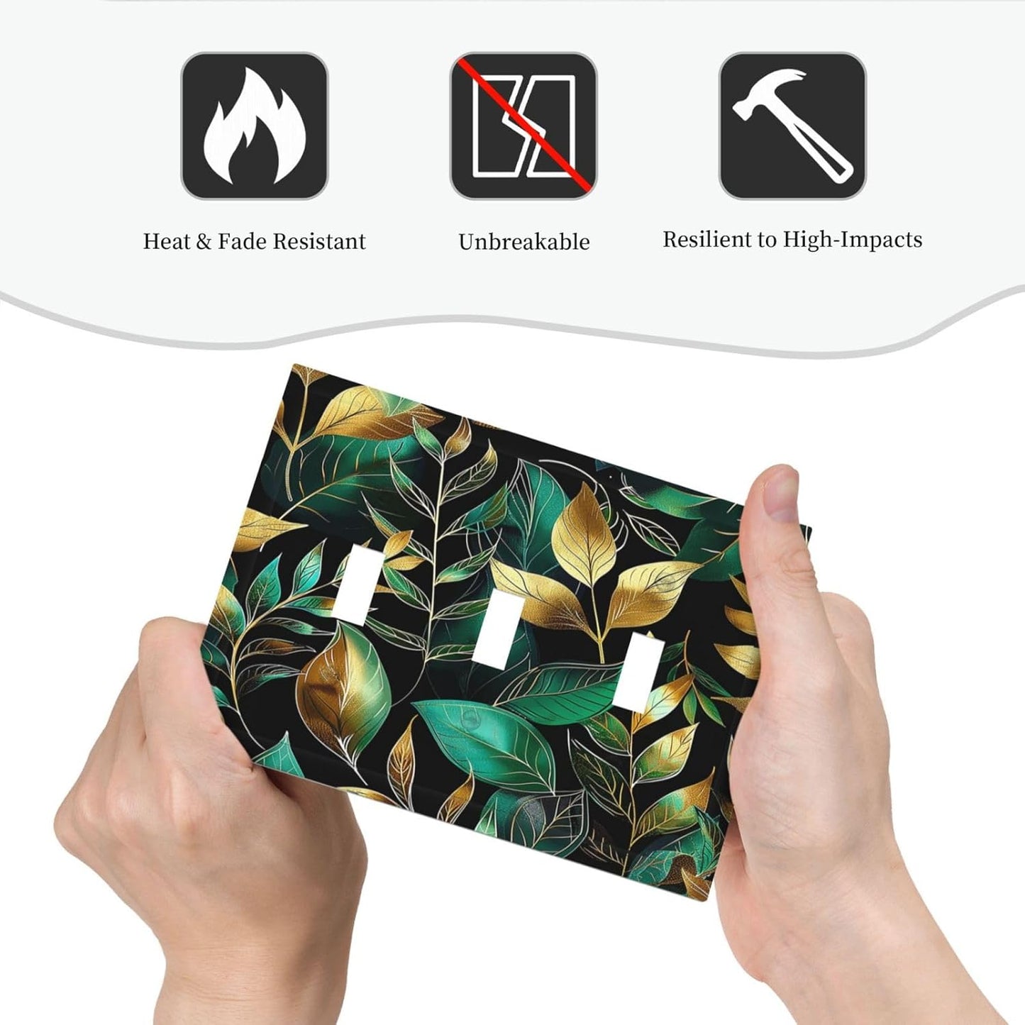 Decorative Switch Plates Vintage Dark Green Vine Leaf Golden Plants 3 Gang Wall Plate Triple Toggle Light Switch Cover Faceplate Electrical Wall Panels for Bed Room Cabin Decor