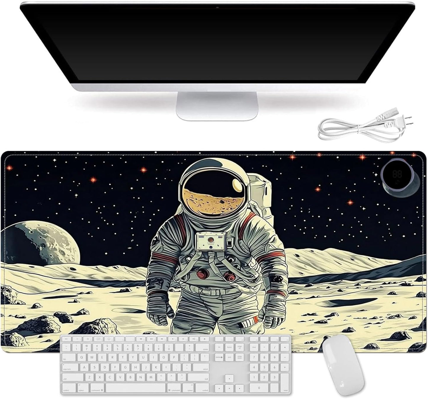Small Heated Desk Pad 23.6" x 14.2" – Compact Electric Mouse Pad with 3 Heating Levels, Auto Shut-Off, Waterproof PU Surface, Plug-in Warmer for Office or Home Use, Astronaut on Moon