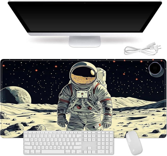 Small Heated Desk Pad 23.6" x 14.2" – Compact Electric Mouse Pad with 3 Heating Levels, Auto Shut-Off, Waterproof PU Surface, Plug-in Warmer for Office or Home Use, Astronaut on Moon