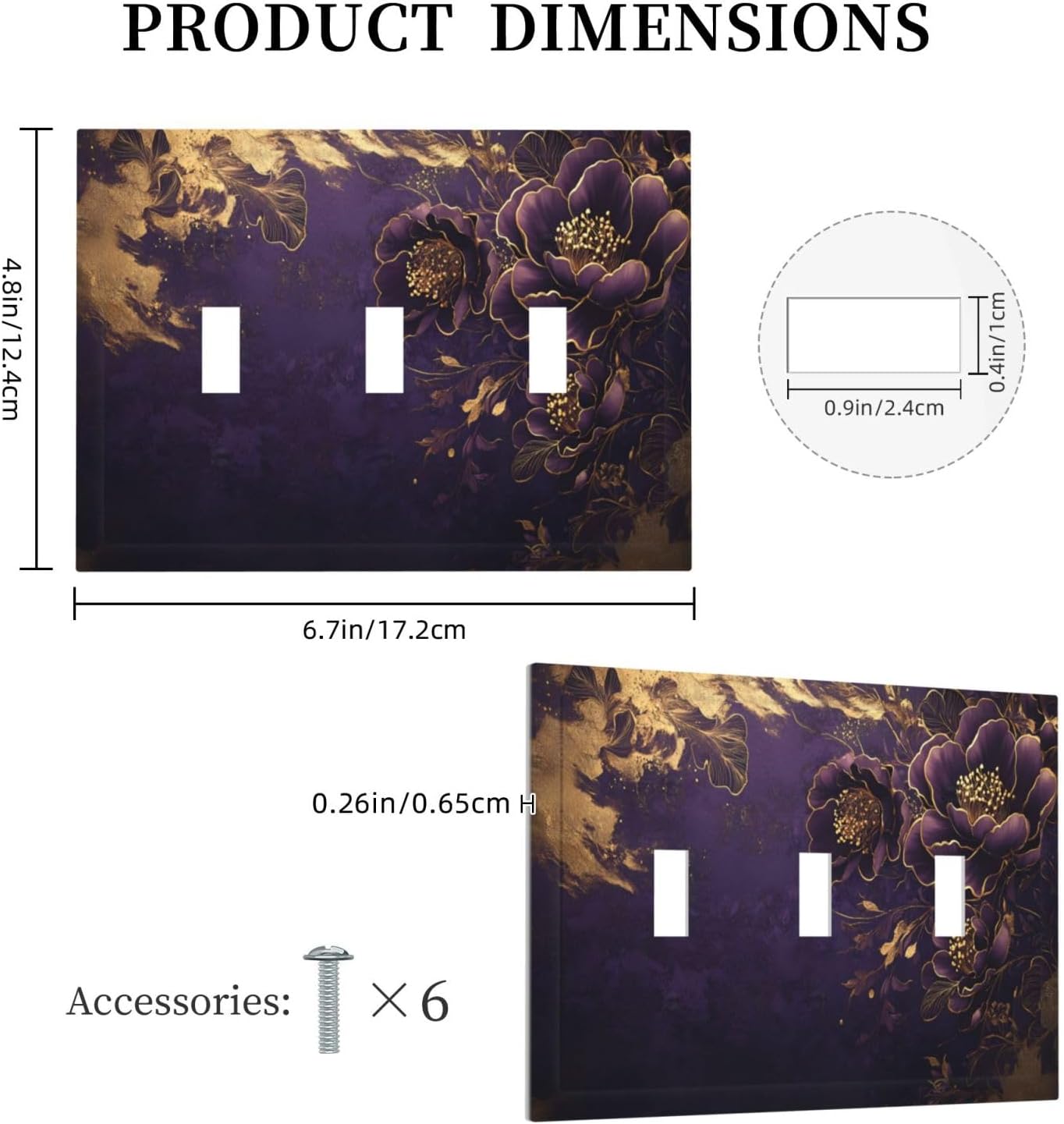 Decorative Purple Peony Gold Leaf Flowers Floral 3 Gang Wall Plate Oversized Triple Toggle Switch Cover Plate Jumbo Electrical Face Plate for Bedroom Decor