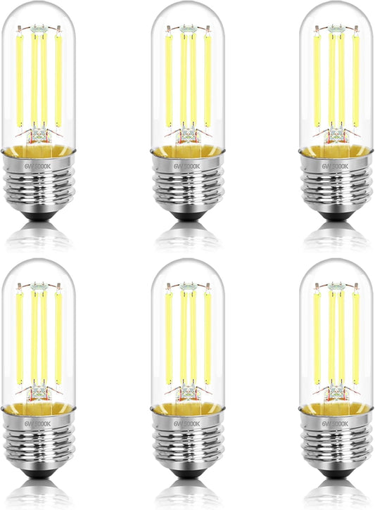 3.2 Inch 5000K Daylight White E26 LED Bulb 60 Watt Equal, AC 120V 600LM Edison Bulbs Dimmable, 6W T10 T30 Filament Light Bulbs Clear Glass for Fan Pendant Wall Light, UL Listed-6 Pack
