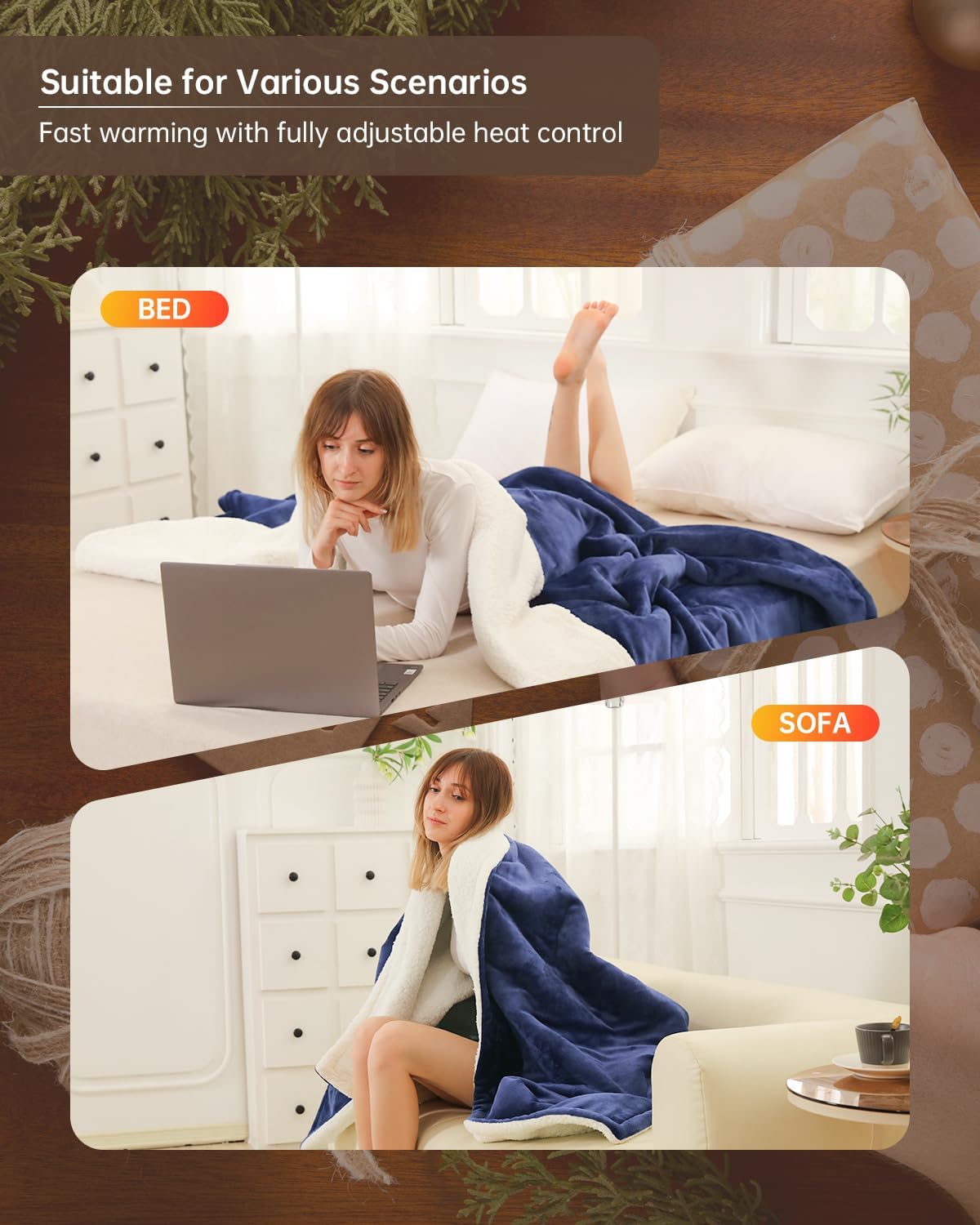 Electric Heated Blanket Throw Size, Washable Blanket Warmer for Home for Adults, Fast Heating Super Cozy Soft Flannel 50" x 60", 9 Heat Levels, 1-9H Auto-Off, ETL Certified, Navy Blue