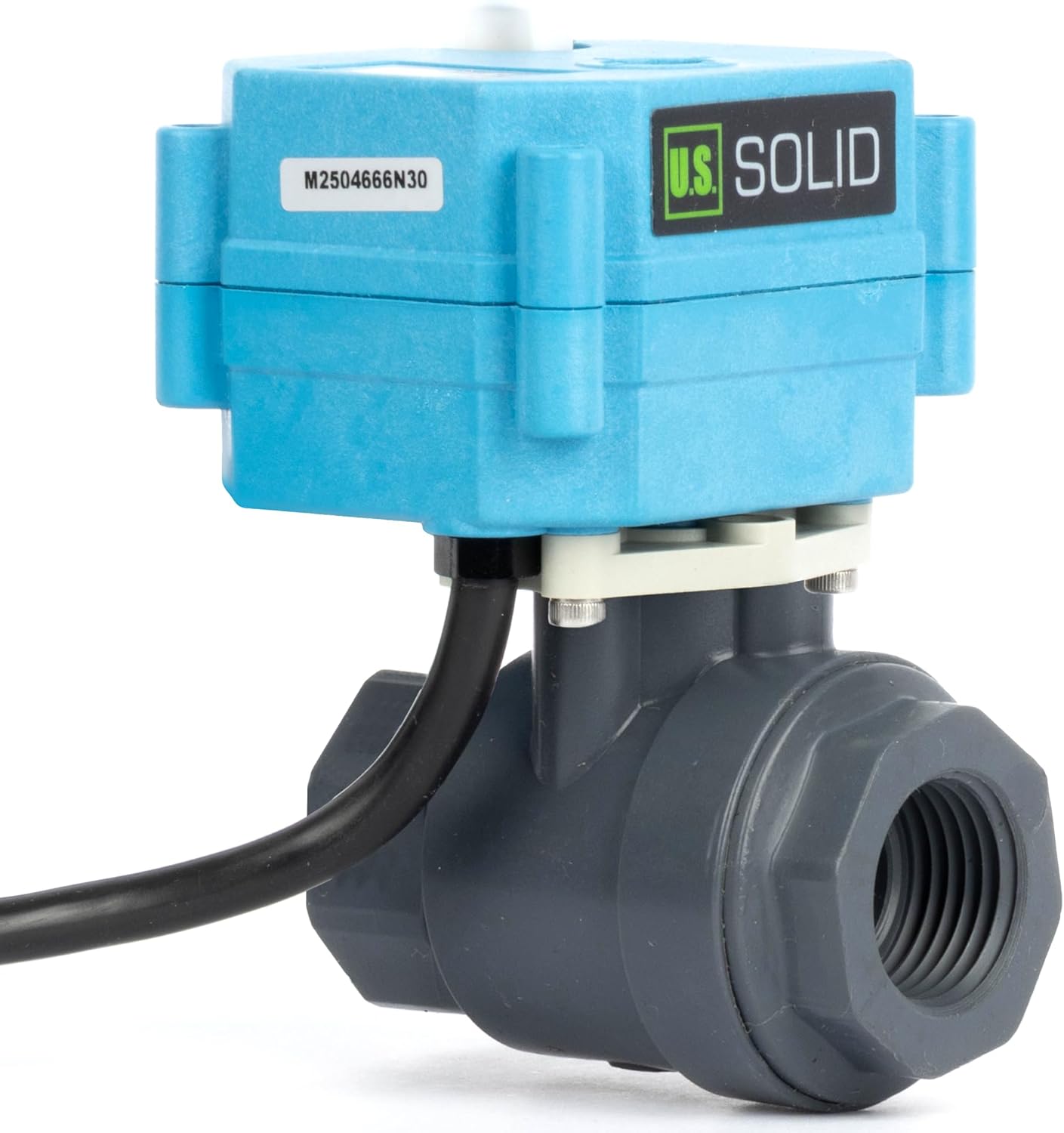 U.S. Solid 3/4” PVC Motorized Ball Valve - Plastic Electrical, US Plug, IP 67, Manual Override, 2 Wire Auto Return, AC 110~230V, Normally Closed