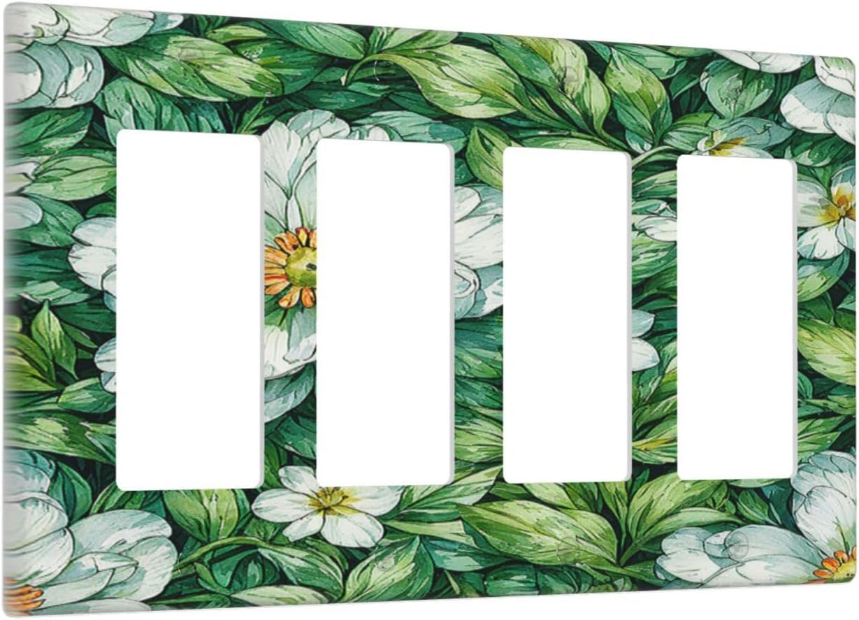 Vintage Floral White Flowers Green Plants Leaves Wallplates 4 Gang Quad Rocker Decorative Light Switch Covers Electrical GFCI Faceplate Switch Plate for Bedroom Bathroom Decor