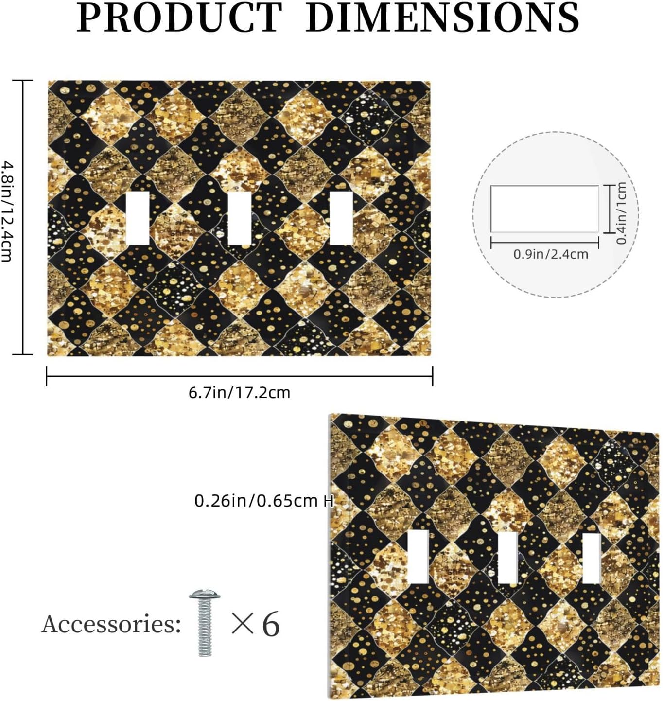 Gold Black Marble Geometric Plaid Glitter Decorative Switch Plates 3 Gang Wall Plate Triple Toggle Light Switch Cover Electrical Wall Panels Faceplate for Bedroom Bathroom Decor
