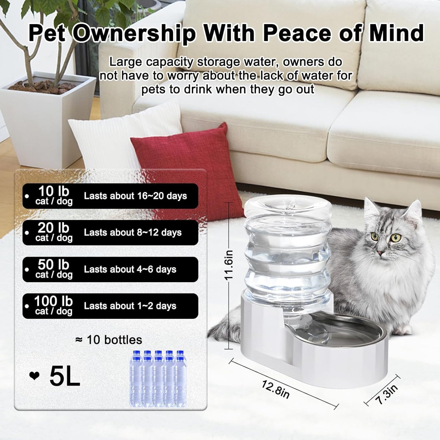 RIZZARI Dog Water Bowl Dispenser: 5L Large Automatic Stainless Steel Gravity Feeder with Specialized Brush and Triple Filter - for Cats with Joint Spine Pain - for Kitchen Bedroom