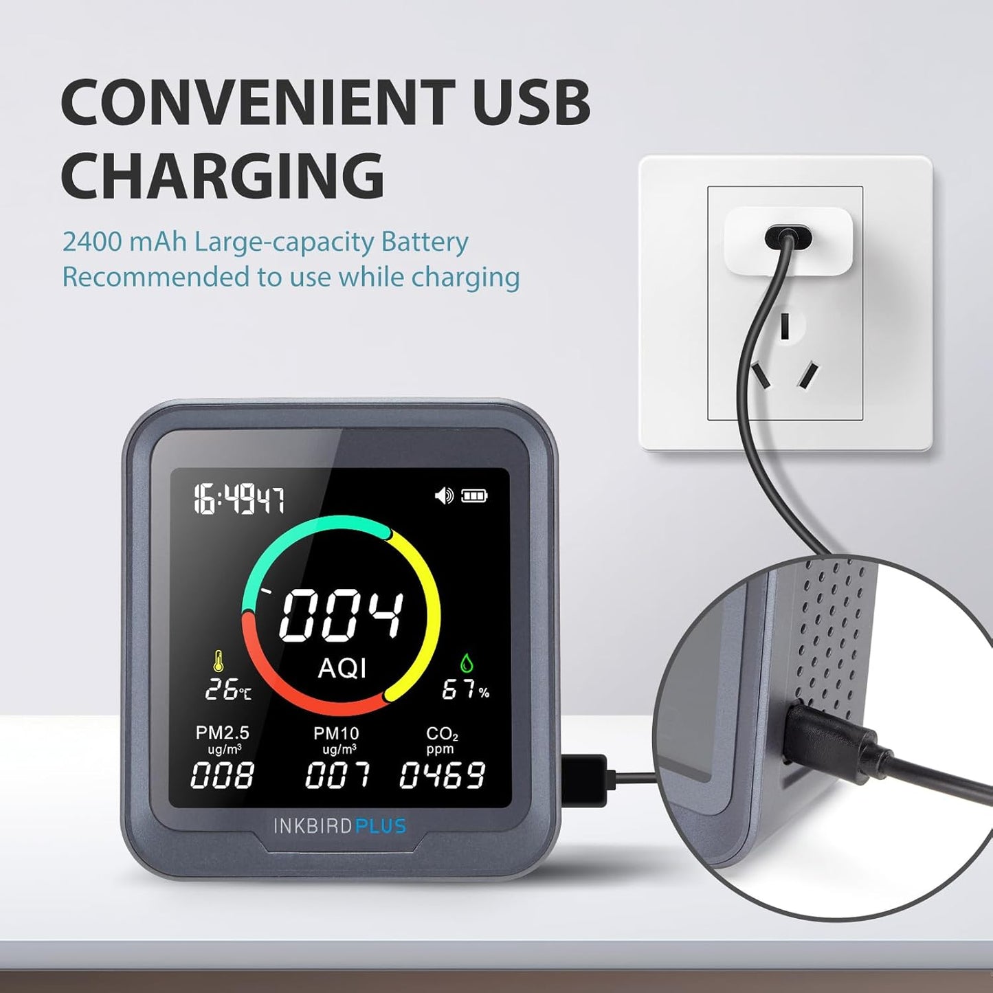 INKBIRDPLUS NDIR Co2 Monitor, Indoor Air Quality Monitor Battery Powered, Detector for Co2, Pm2.5, Pm10, Aqi, Temperature & Humidity,6-in-1 Carbon Dioxide Detector Meter for Home, Grow Tent Etc.