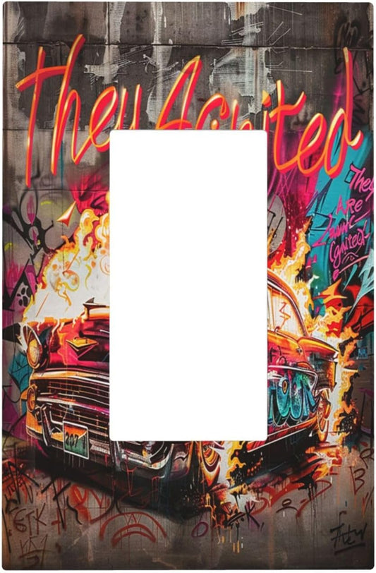 Decorative Outlet Covers Hip Hop Street Graffiti Flame Car 1 Gang Single Rocker Light Switch Cover Plate Wall Plates GFCI Faceplate for Bedroom living Room Decor