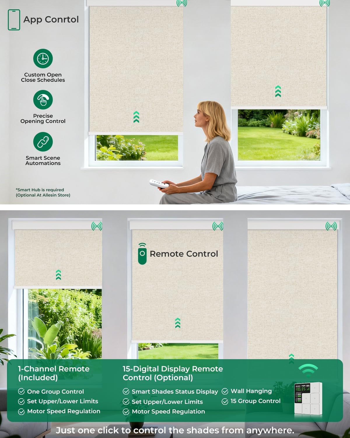 Allesin Motorized Roller Blinds – Rechargeable Smart Shades with Remote & Quiet Motor, Top/Bottom Aluminum Rails, Alexa-Compatible for Window (Custom Size, 100% Blackout Sand-Linen)